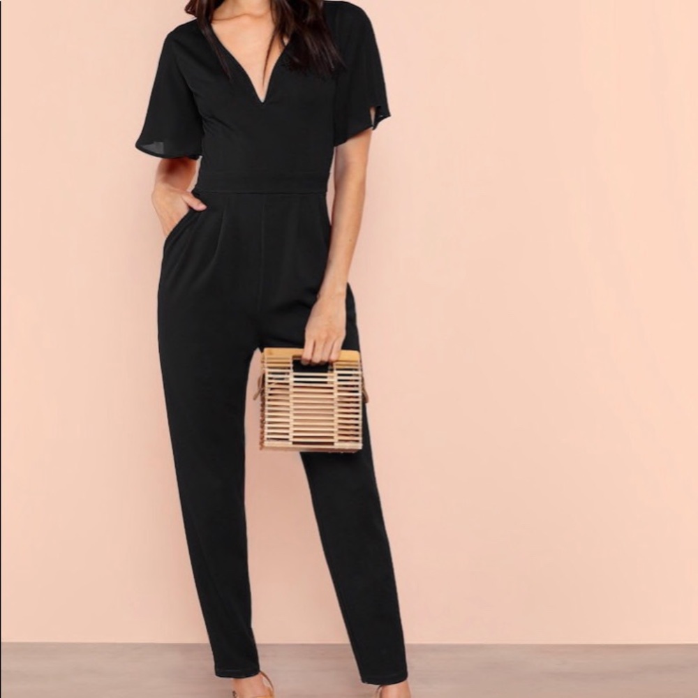 Pleated, flutter sleeve jumpsuit